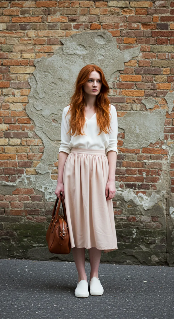White slip-on sneakers paired with blush midi skirt and white blouse
