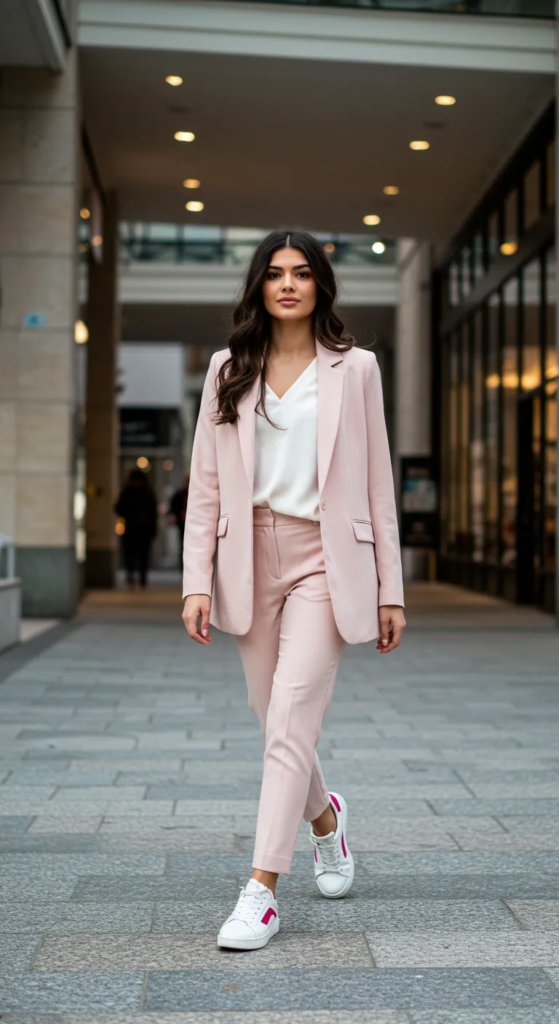 White sneakers with pink blazer and trousers business casual outfit
