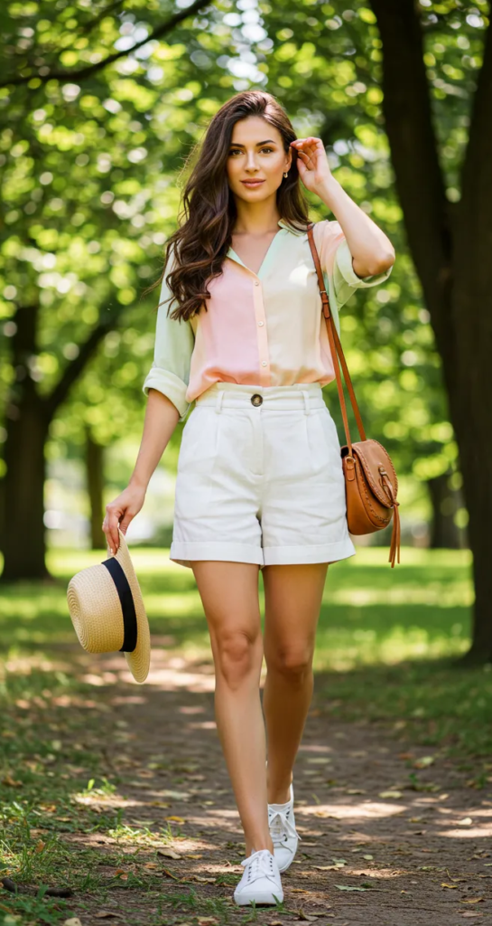 White sneakers with shorts and pastel color-block shirt for summer